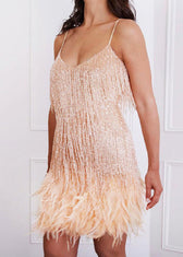 Fashion Sexy Pink V-Neck Tassel Sequin Feather Patchwork Suspender Dress 5