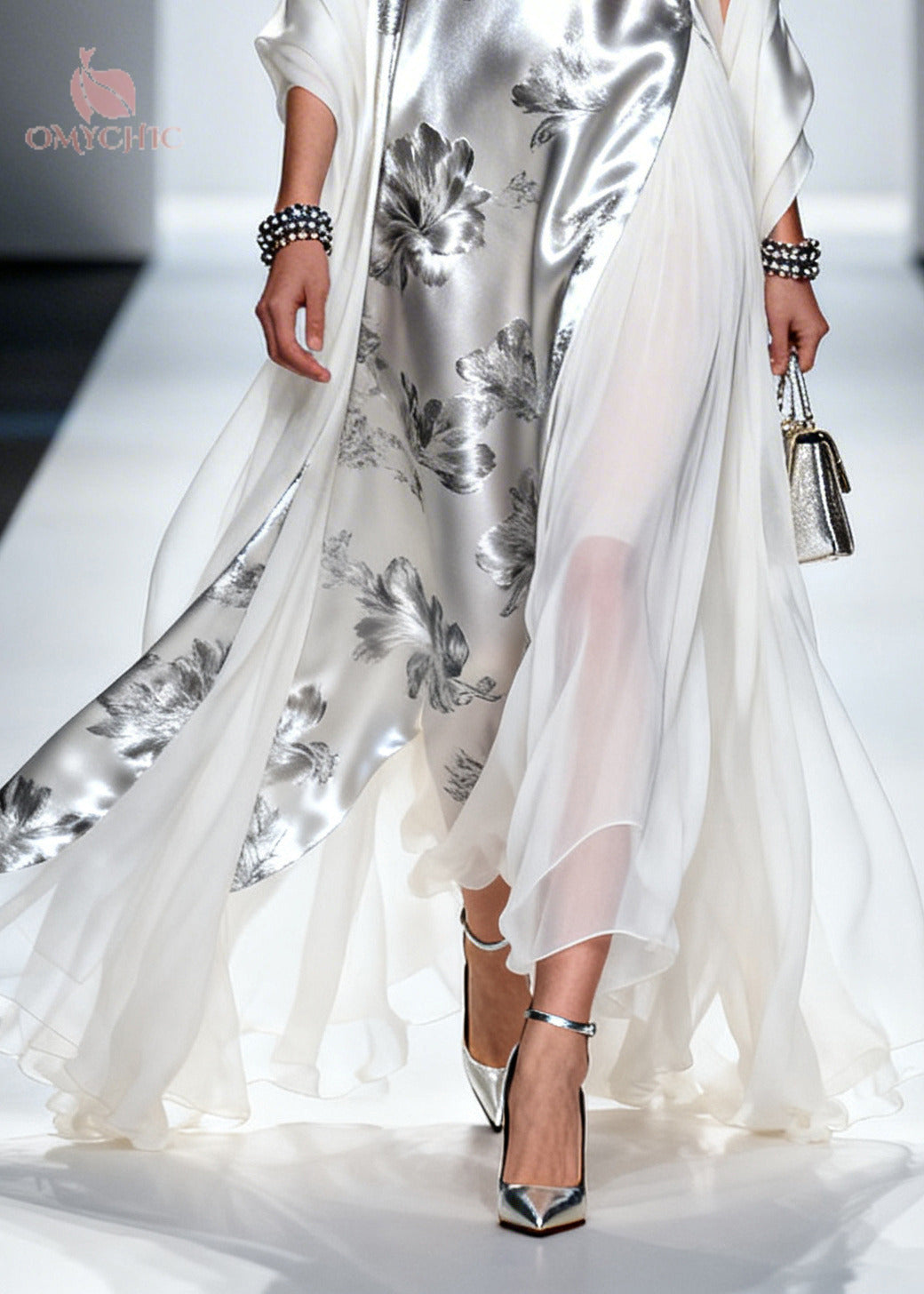 Metallic Floral Print Sleeveless V-Neck Sheer Drape Panel Maxi Gown