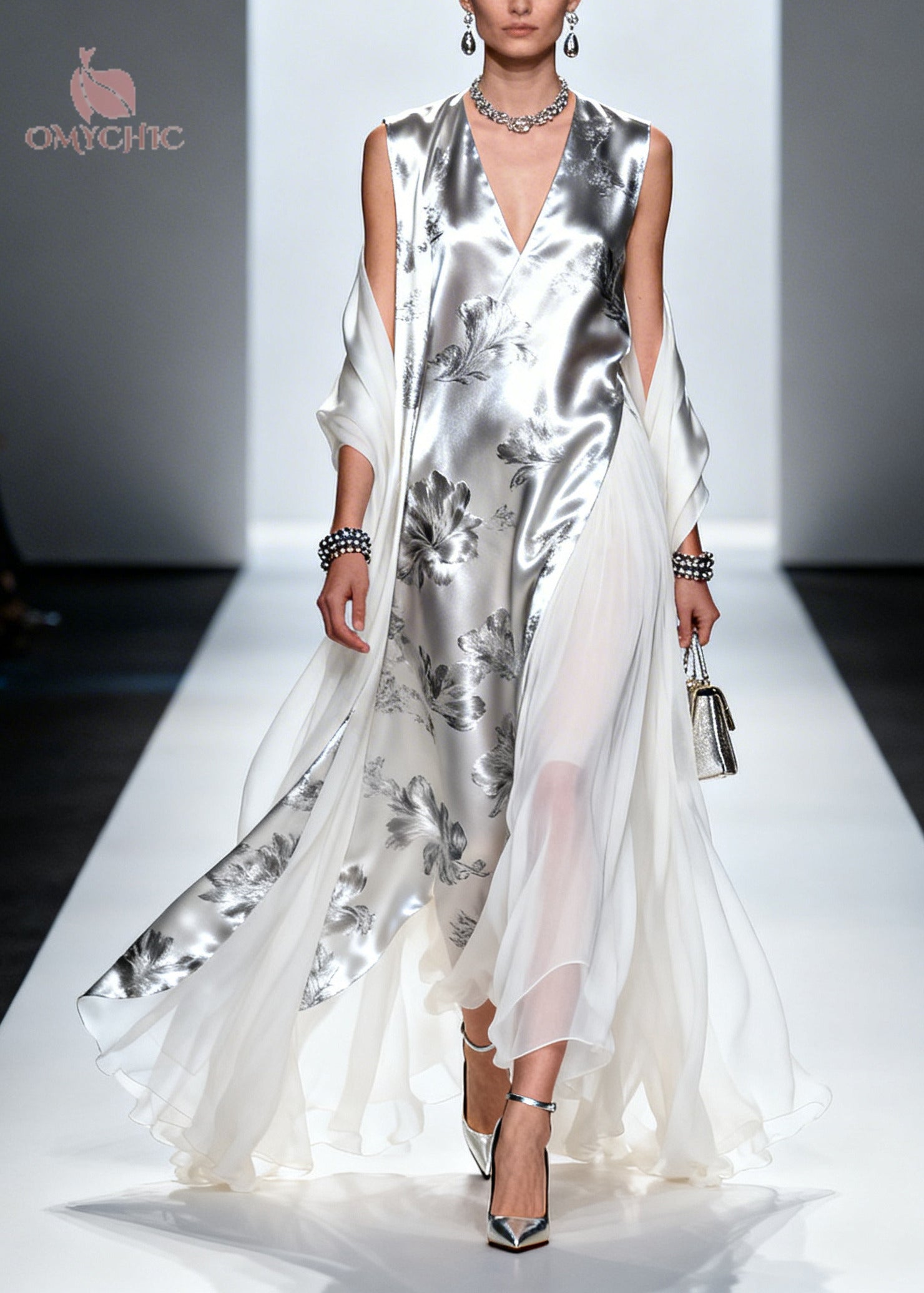 Metallic Floral Print Sleeveless V-Neck Sheer Drape Panel Maxi Gown