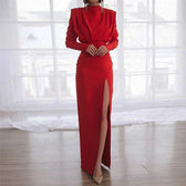 Fashion Pleated High Split Long Sleeve Maxi Dress Red / Xs