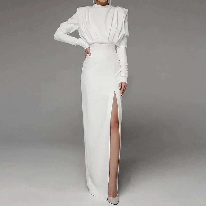 Mock Neck Pleated Padded Shoulder Long Sleeve High Split Maxi Dress 2