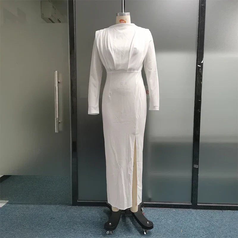 Mock Neck Pleated Padded Shoulder Long Sleeve High Split Maxi Dress 6