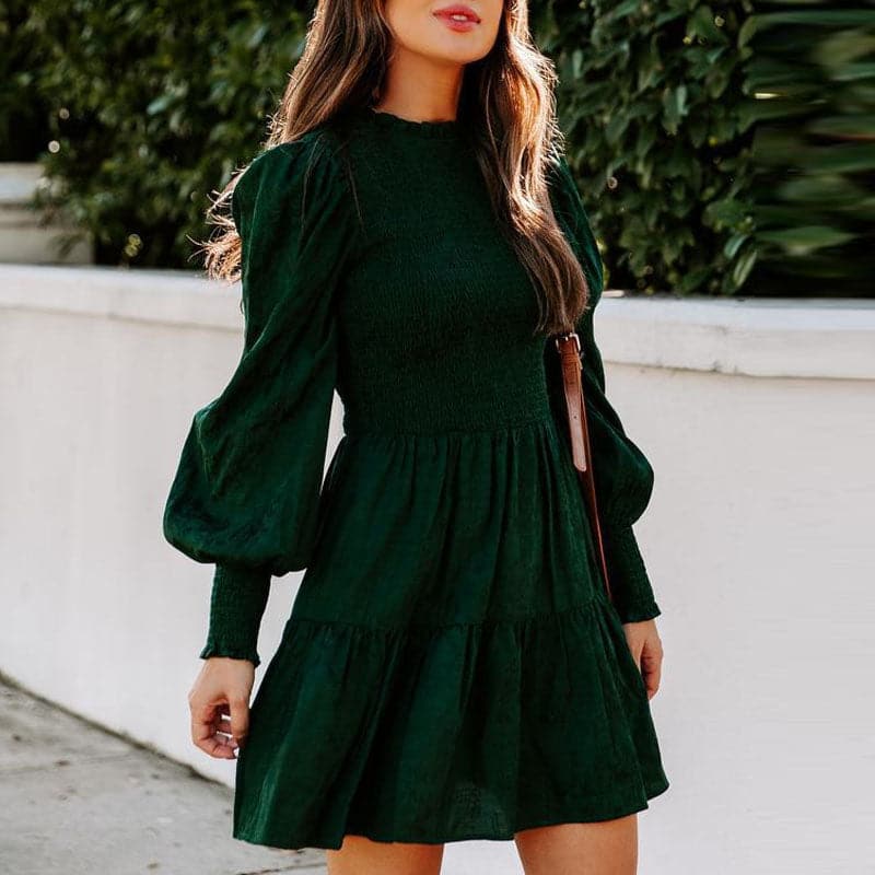 Smocked Mock Neck Puff Sleeve Tiered Ruffle Fit and Flare Mini Dress