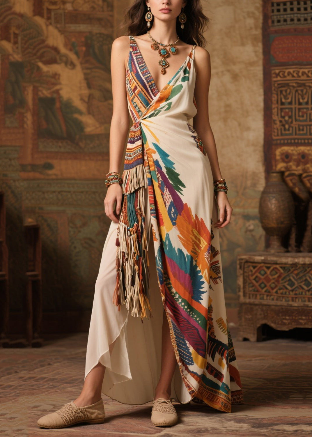 Deep V-Neck Spaghetti Strap Tassel Wrap High Split Satin Maxi Dress