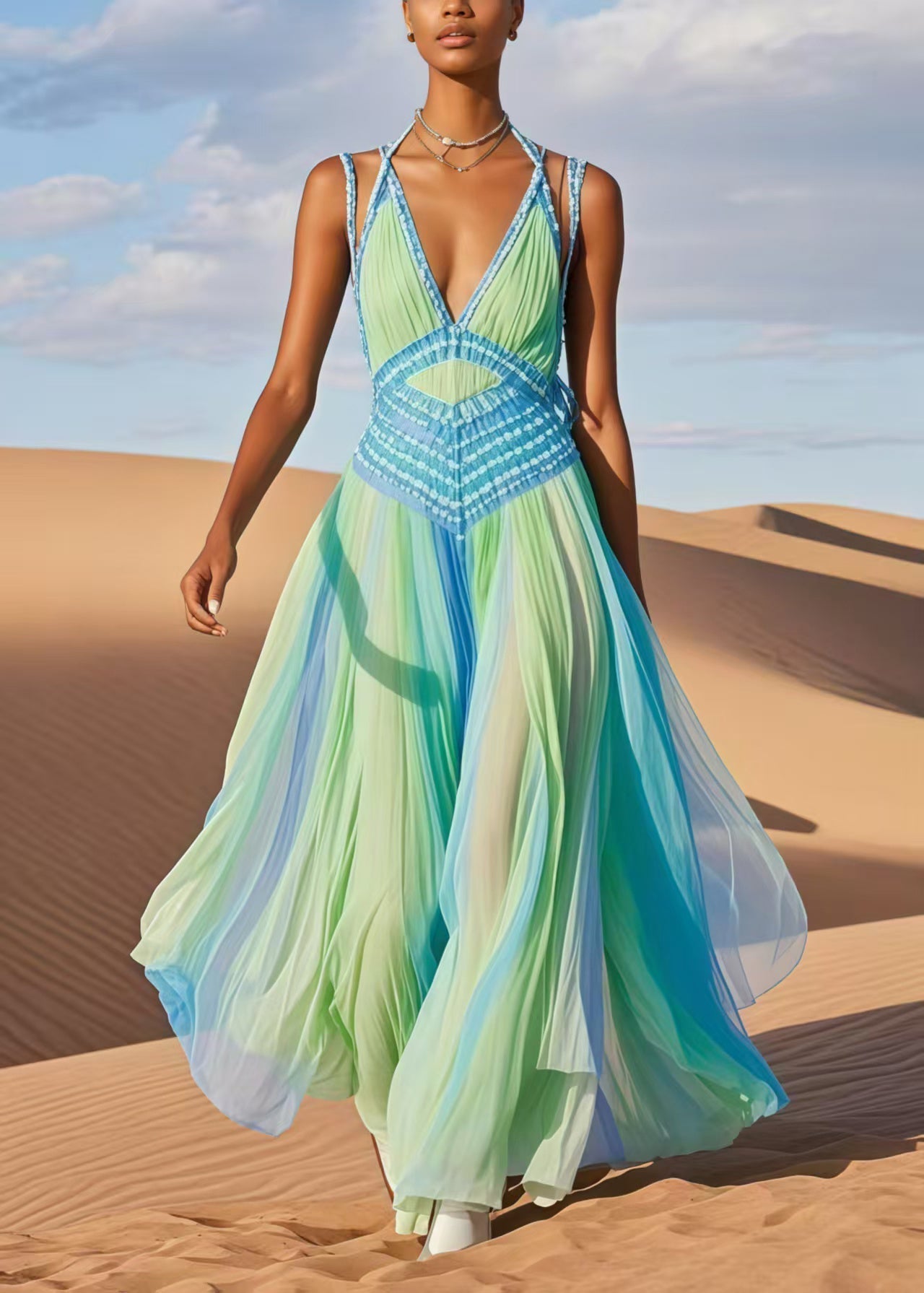 Deep V-Neck Spaghetti Strap Crochet Panel Accordion Pleated Chiffon Maxi Dress