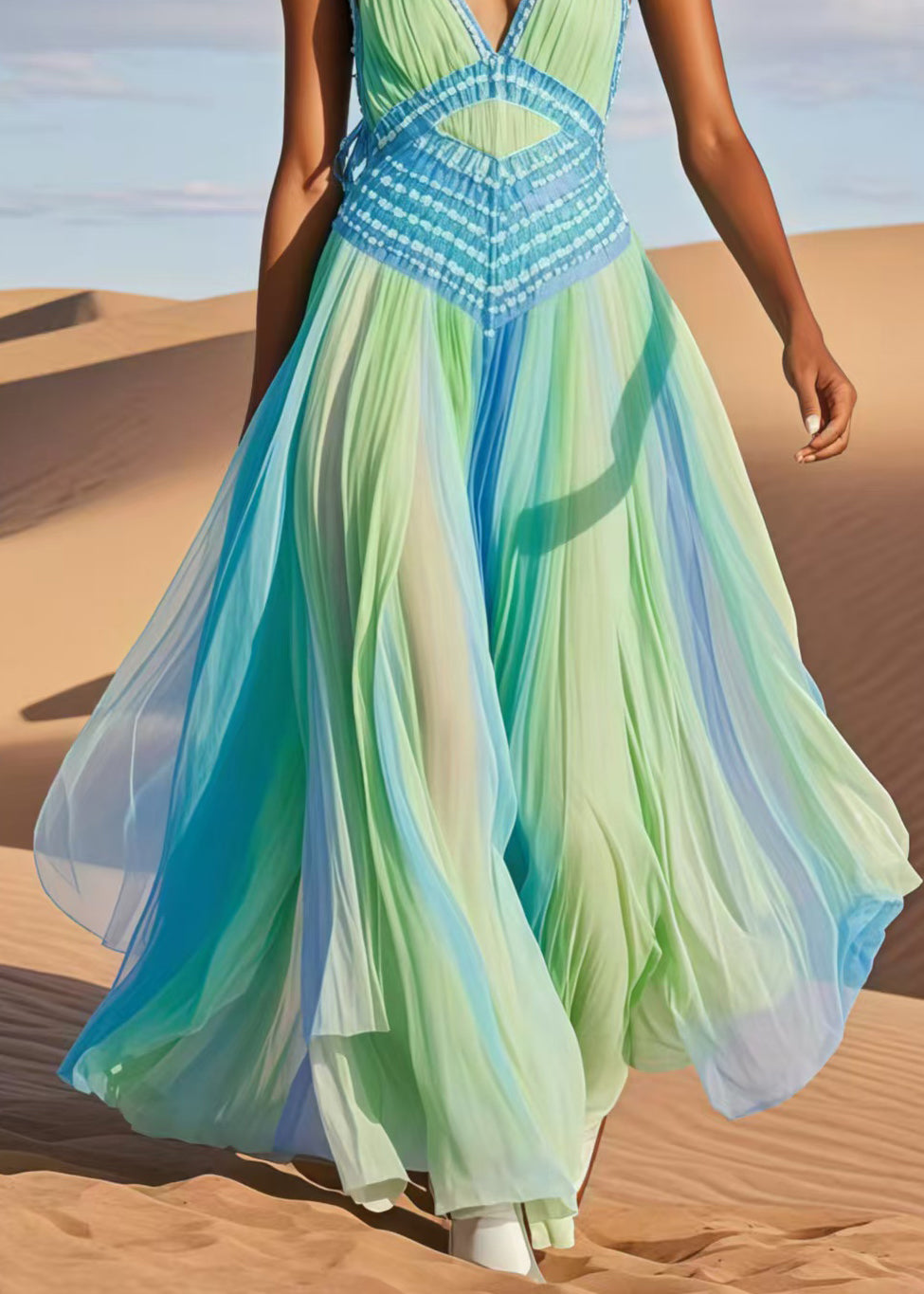 Deep V-Neck Spaghetti Strap Crochet Panel Accordion Pleated Chiffon Maxi Dress