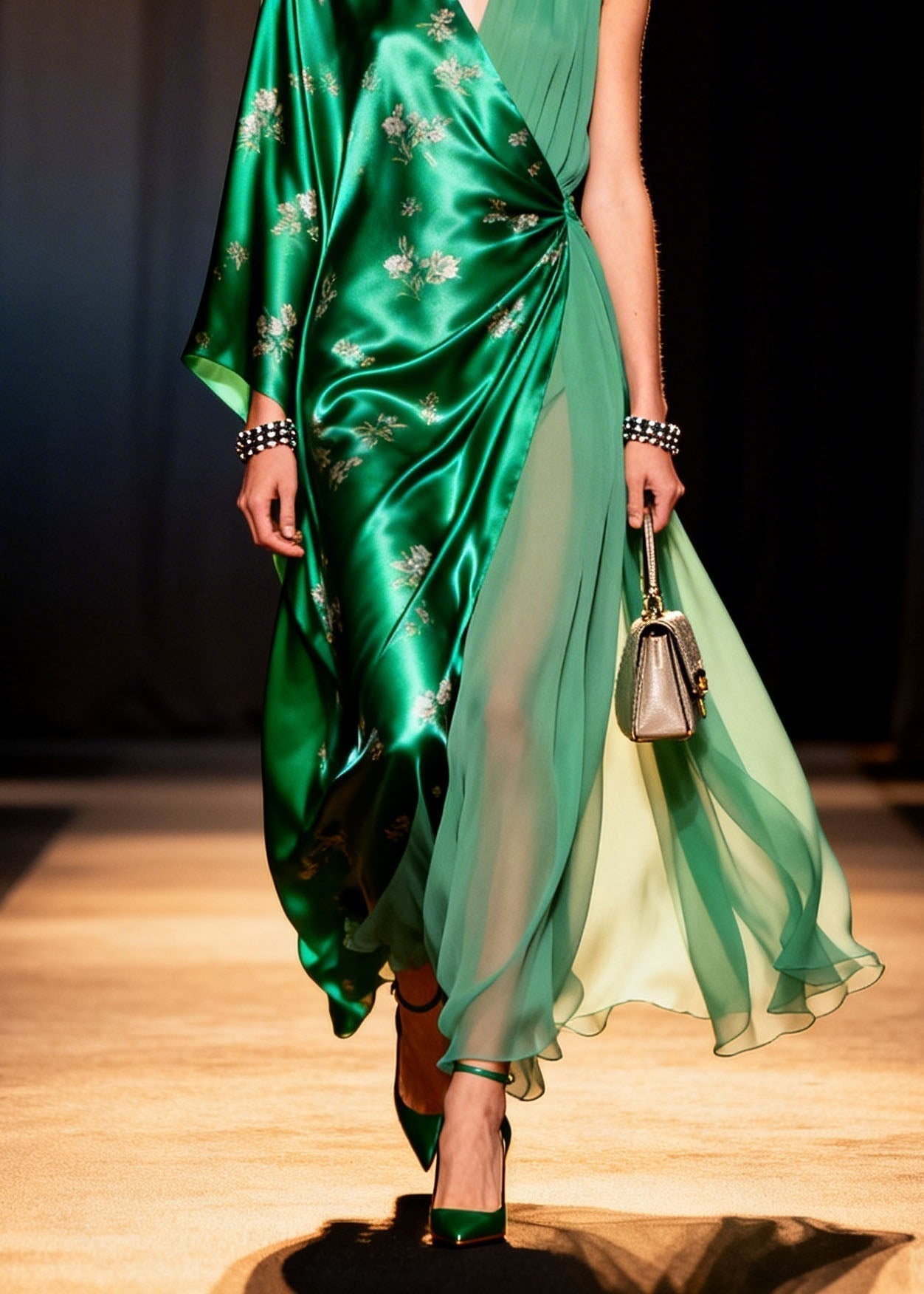 Floral Embroidery Asymmetrical Wrap V-Neck Kimono Sleeve High Split Maxi Gown