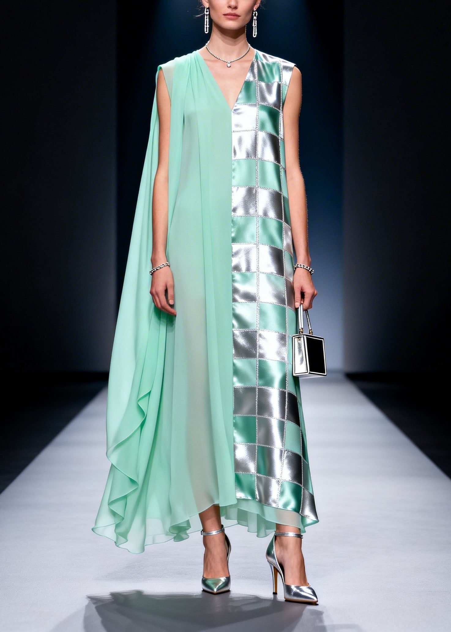 Chiffon Deep V-Neck Checkered Metallic Panel Sheer Cape Drape Maxi Gown