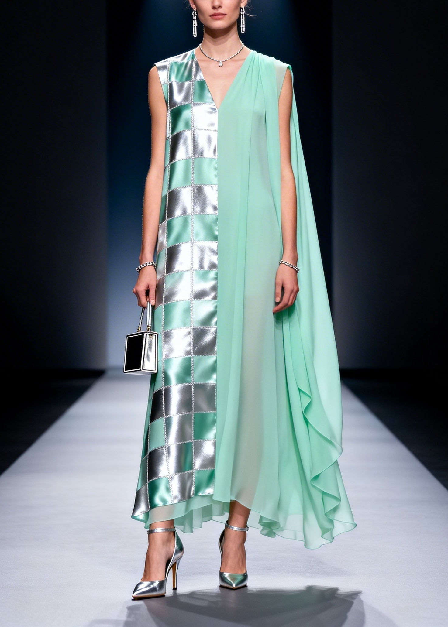 Chiffon Deep V-Neck Checkered Metallic Panel Sheer Cape Drape Maxi Gown