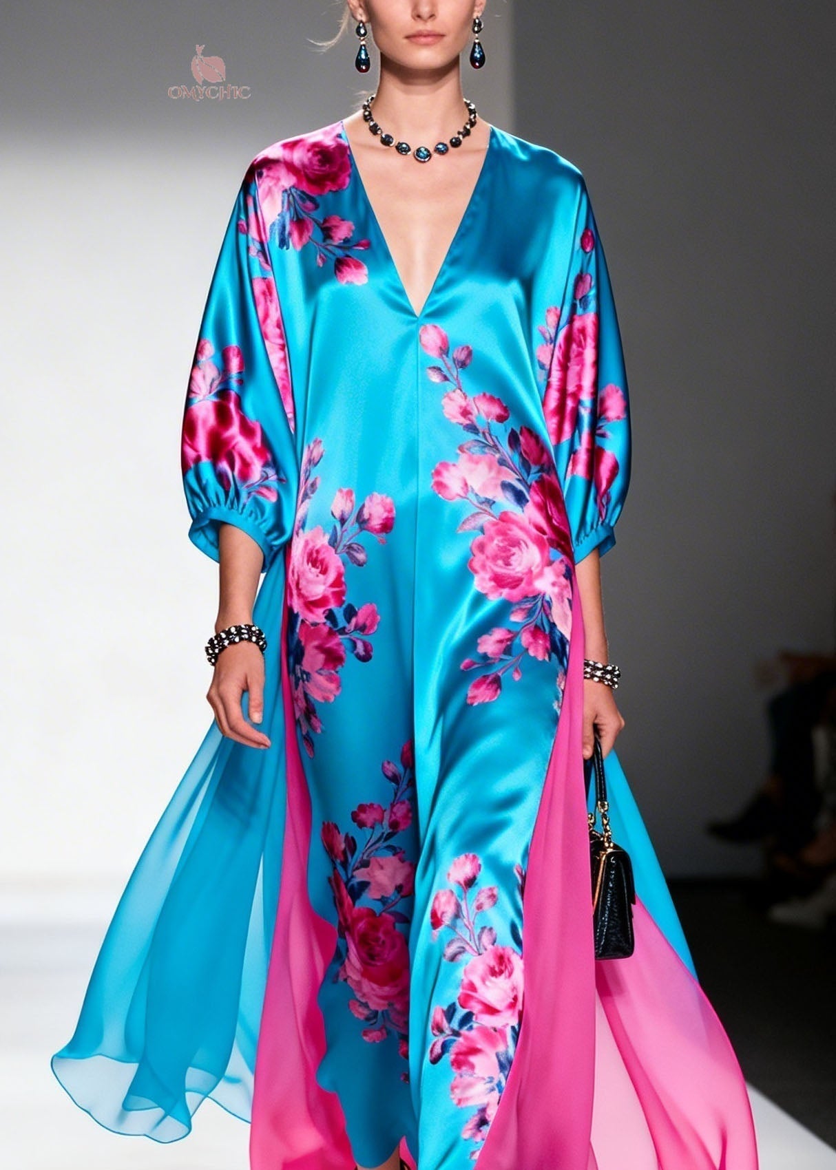 Floral Print V-Neck Bishop Sleeve Chiffon Panel Wide Leg Jumpsuit