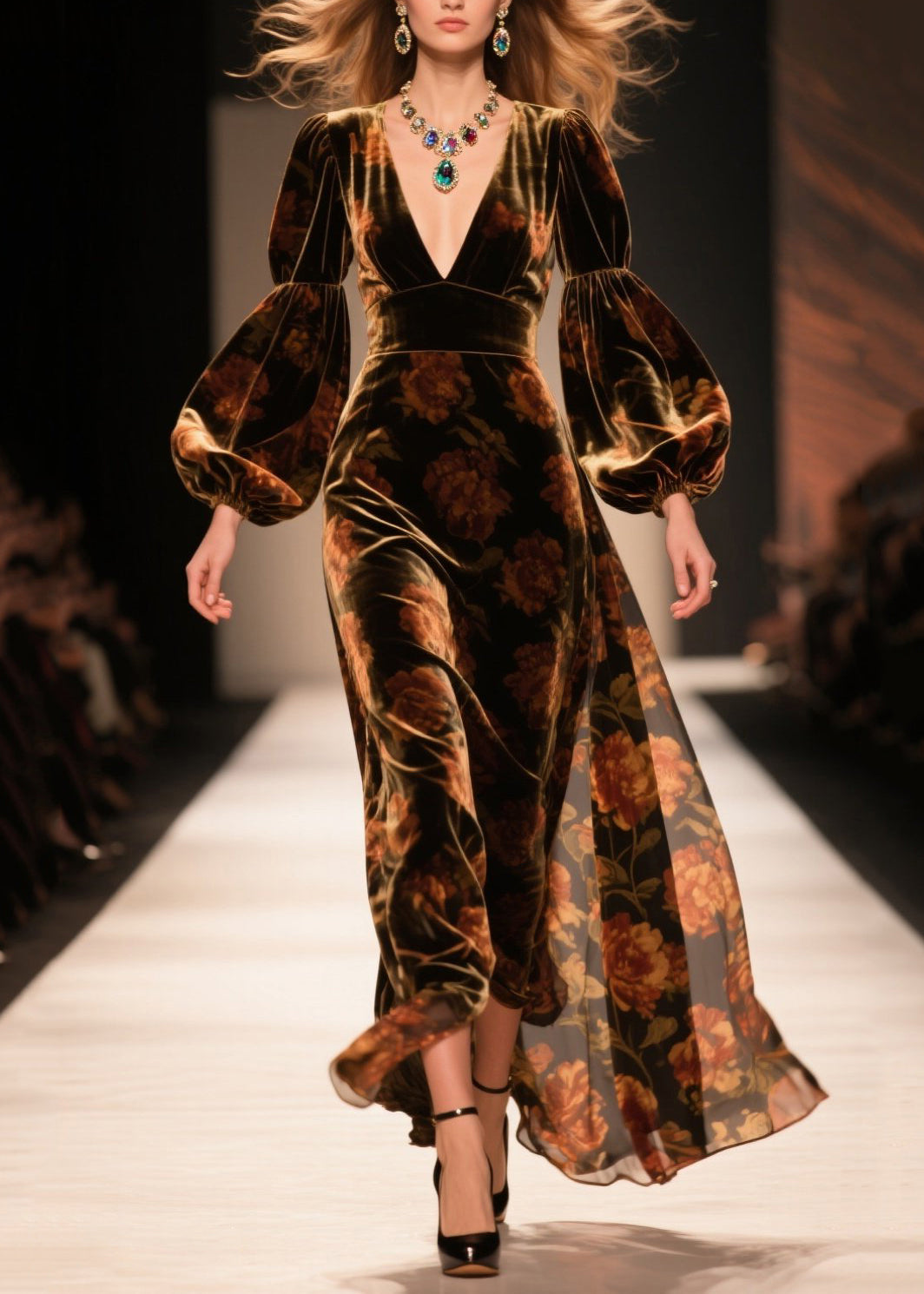 Velvet Deep V-Neck Bishop Sleeve Empire Waist Maxi Gown