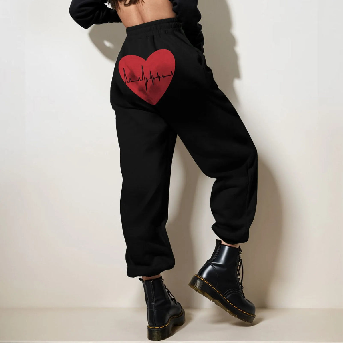 Heartbeat Heart Graphic Back Print Elastic Cuff Fleece Jogger Pants