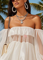 Fashion White Cold Shoulder Patchwork Tulle Tea Strapless Dress Summer 2