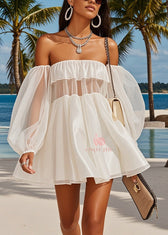 Fashion White Cold Shoulder Patchwork Tulle Tea Strapless Dress Summer 3