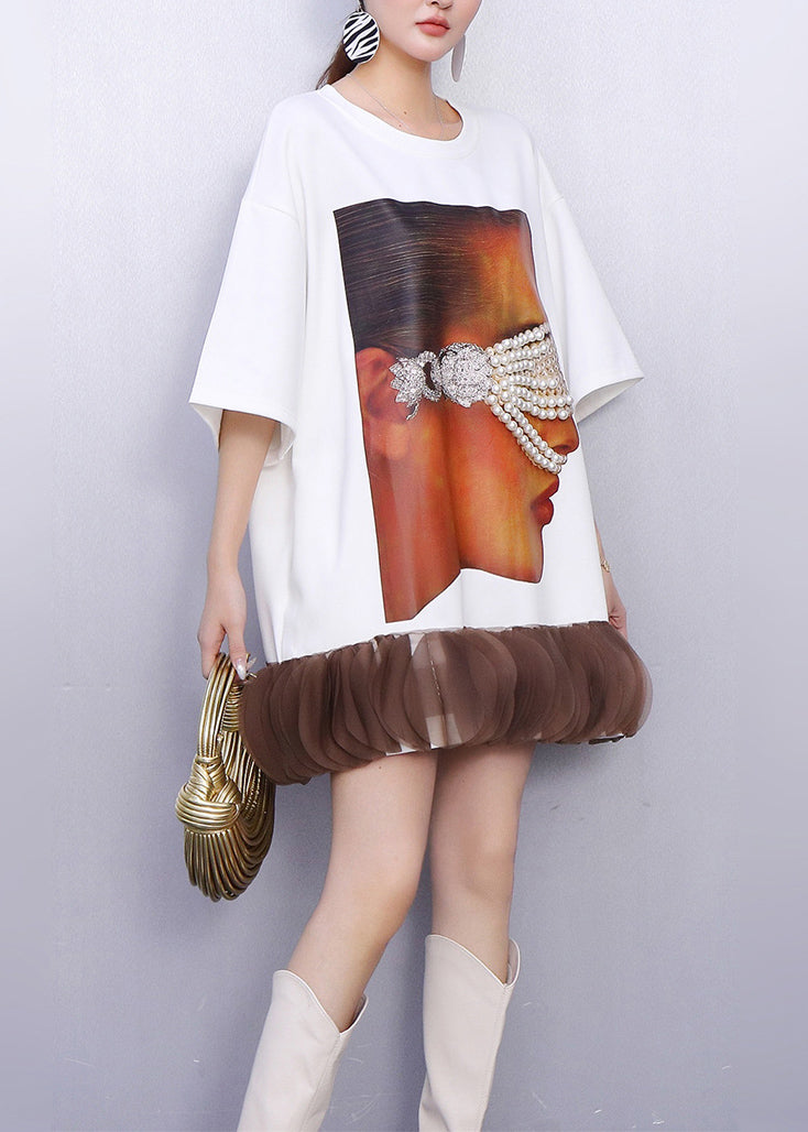 Oversized Crew Neck Short Sleeve Mesh Bubble Ruffle Hem Mini Dress