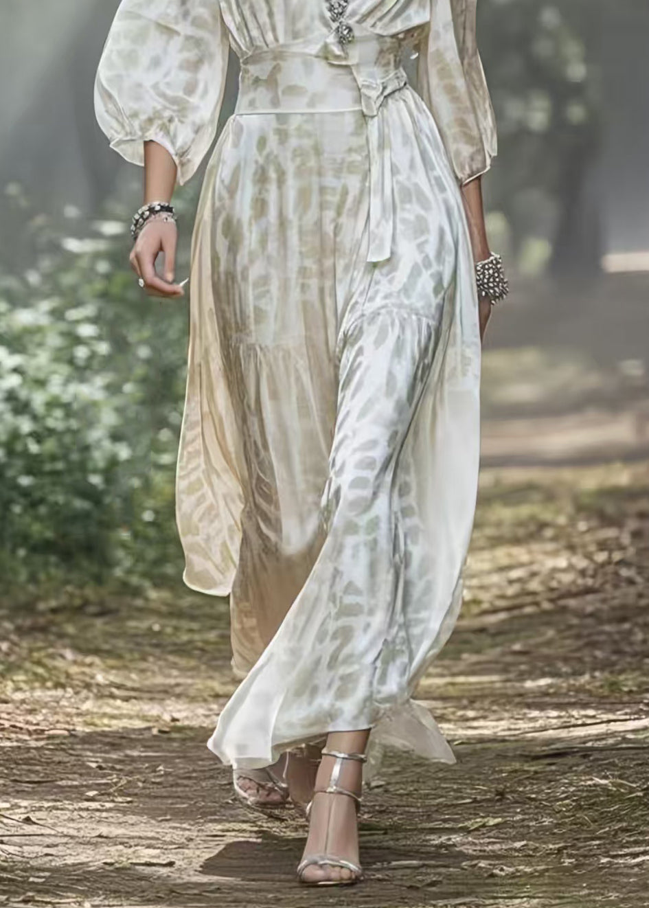 Deep V-Neck Lantern Sleeve Belted High Split Chiffon Maxi Dress
