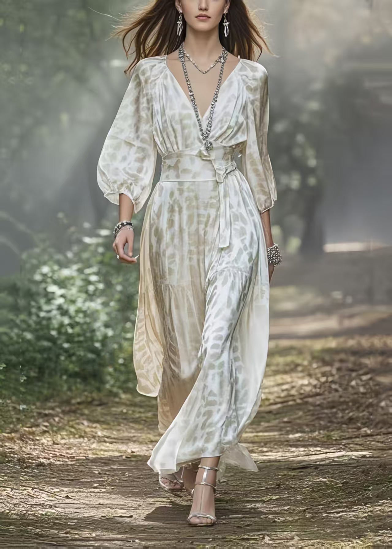 Deep V-Neck Lantern Sleeve Belted High Split Chiffon Maxi Dress