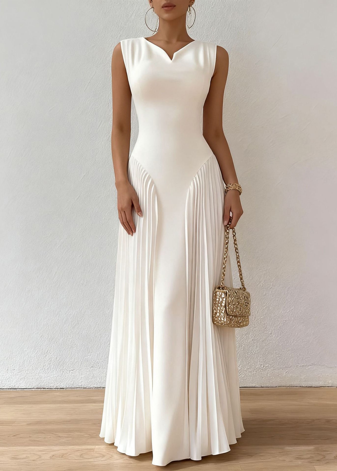 Sleeveless Notched V-Neck Sunray Pleated Side Panel Fit and Flare Maxi Gown