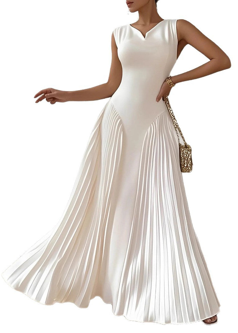 Sleeveless Notched V-Neck Sunray Pleated Side Panel Fit and Flare Maxi Gown