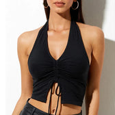 Fashion Women Lace Up Halter Black Sleeveless Drawstring Slim Fit Crop Club Camis Streetwear Tank Top
