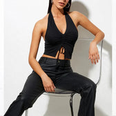 Fashion Women Lace Up Halter Black Sleeveless Drawstring Slim Fit Crop Club Camis Streetwear Tank Top
