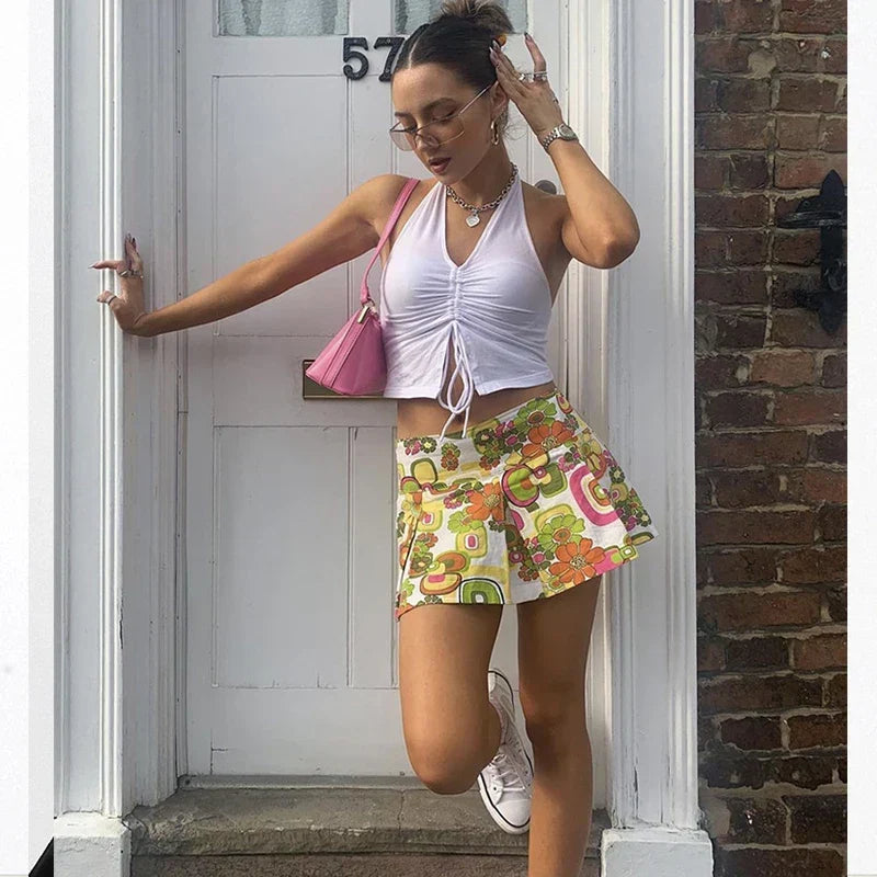 Fashion Women Lace Up Halter Black Sleeveless Drawstring Slim Fit Crop Club Camis Streetwear Tank Top