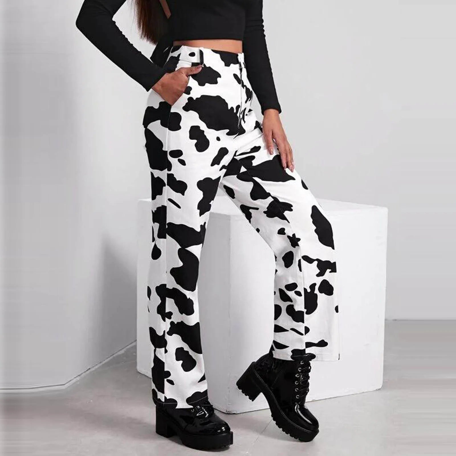 Wide Leg Waist White Cow Print Jeans / Xs