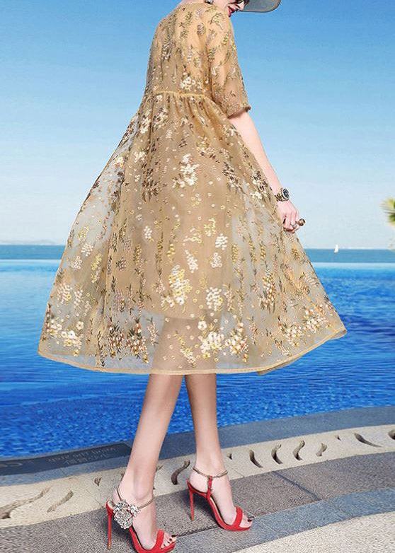 Floral Embroidery Mesh Overlay Round Neck Short Sleeve Empire Waist A-Line Midi Dress