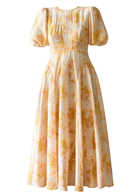Round Neck Puff Sleeve Floral Fit and Flare Midi Dress