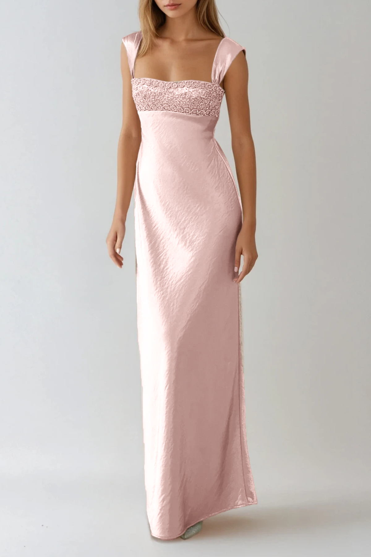 Fatos Sleeveless Rhinestone Satin Maxi Dress