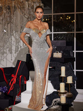 Off Shoulder Cutout Sequin Maxi Dress