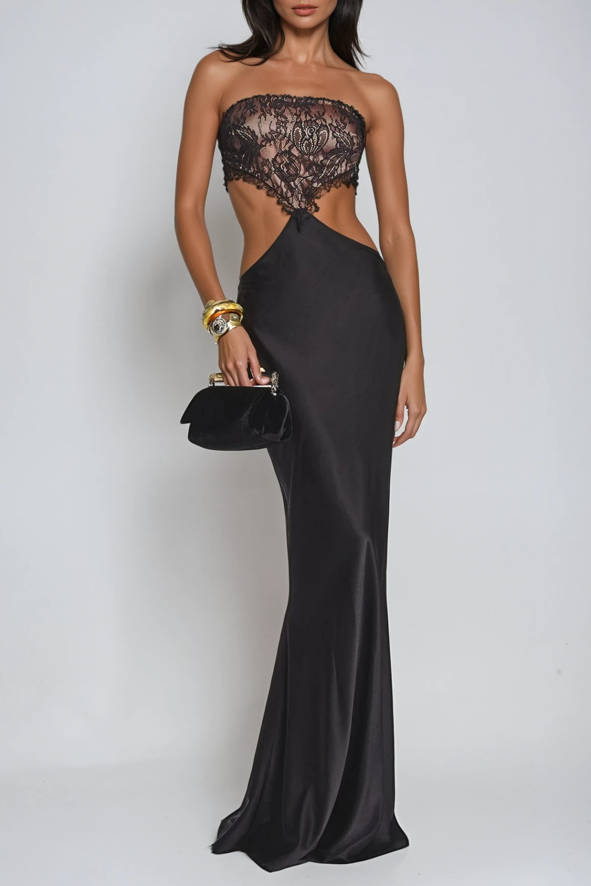Strapless Lace Bodice Cut Out Waist Satin Maxi Gown
