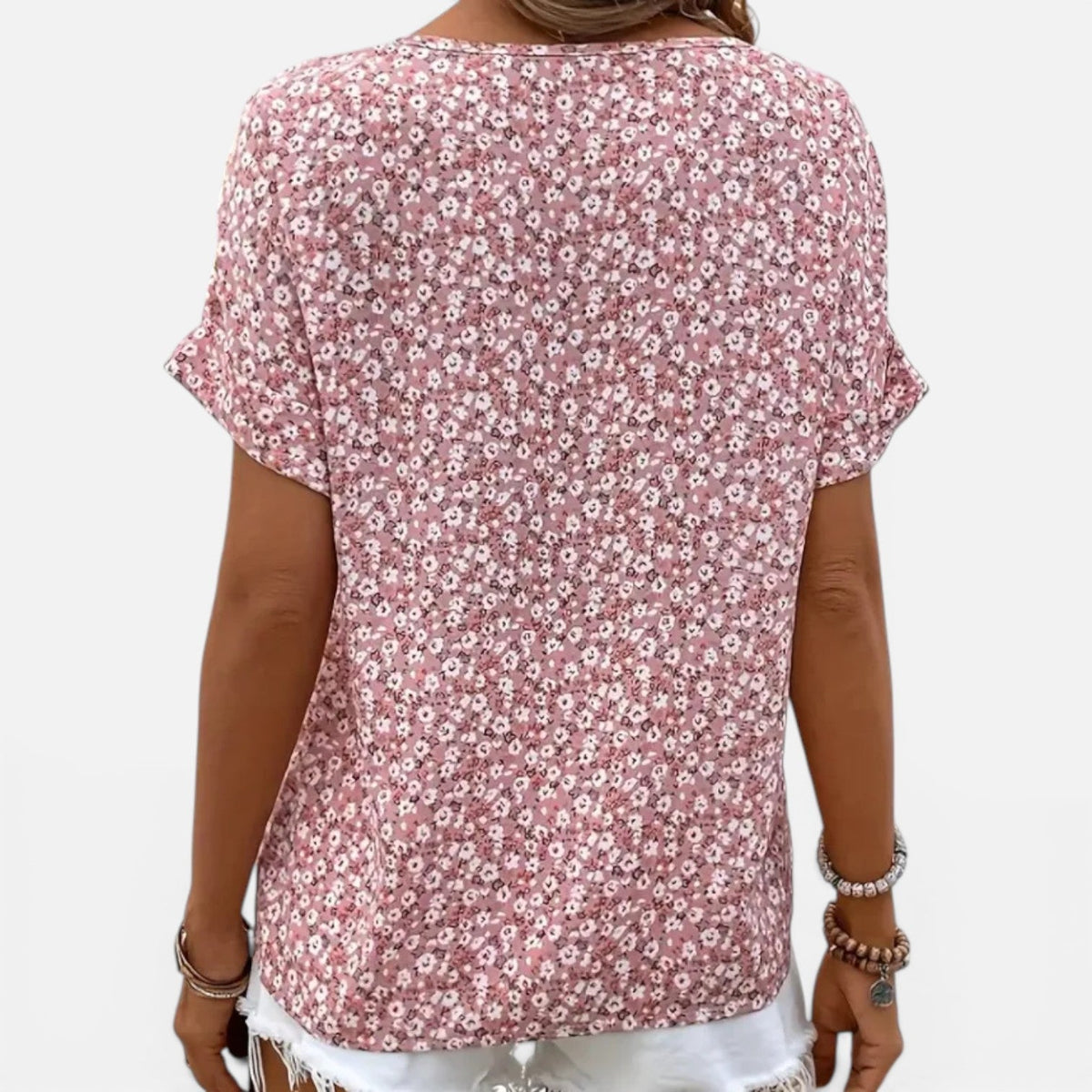 Ditsy Floral Split Neck Button Front Short Sleeve Blouse