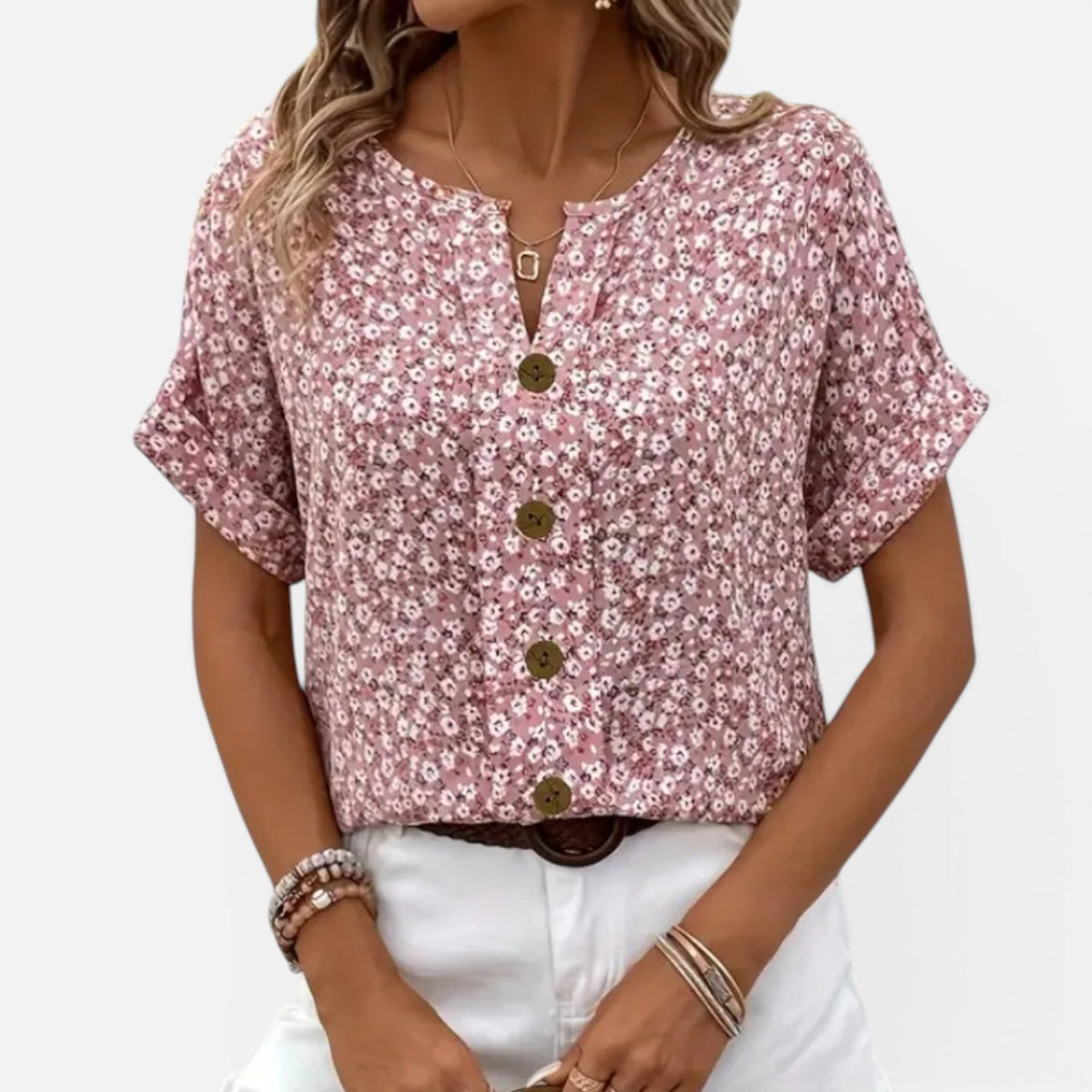 Ditsy Floral Split Neck Button Front Short Sleeve Blouse
