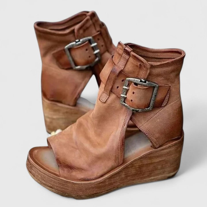 Open Toe Double Buckle Platform Wedge Sandals
