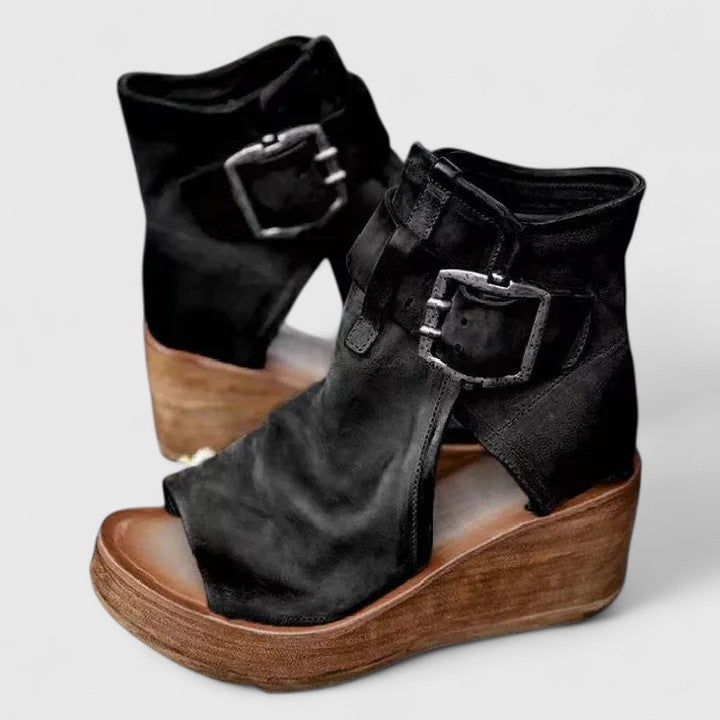 Open Toe Double Buckle Platform Wedge Sandals
