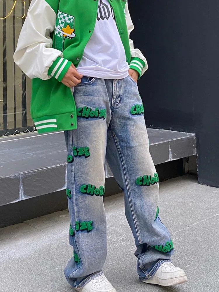Embroidered Letter Patch Washed Baggy Wide Leg Jeans
