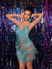 Crystal Chain Fringe Mesh Mini Dress In Blue