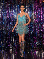 Crystal Chain Fringe Mesh Mini Dress In Blue - View 2