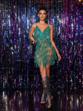 Crystal Chain Fringe Mesh Mini Dress In Deep Green