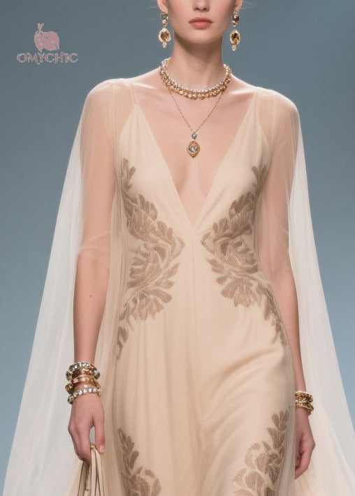 Floral Lace Embroidered Deep V-Neck Sleeveless Cape Overlay Maxi Gown