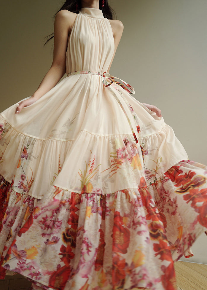 Fine Apricot Print Wrinkled Chiffon Maxi Dresses Summer - View 2