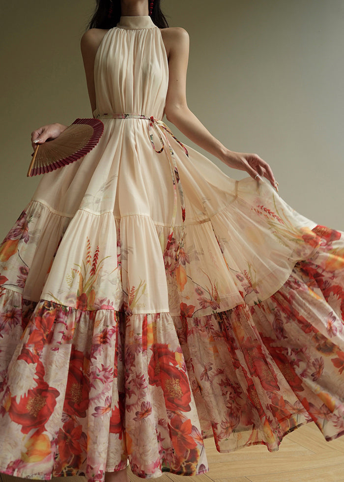 Fine Apricot Print Wrinkled Chiffon Maxi Dresses Summer - View 3