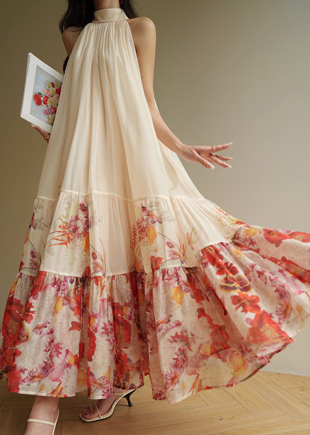Fine Apricot Print Wrinkled Chiffon Maxi Dresses Summer - View 5
