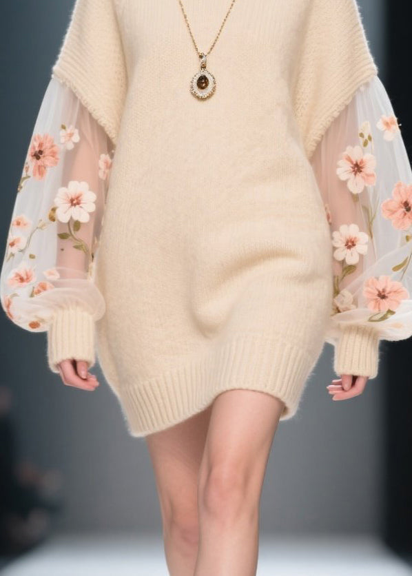 Fine Apricot Turtle Neck Patchwork Tulle Knit Mini Dress Winter - View 4