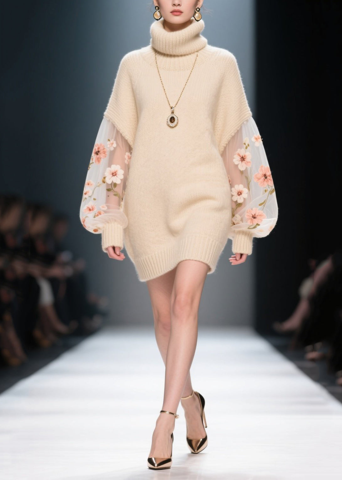 Fine Apricot Turtle Neck Patchwork Tulle Knit Mini Dress Winter - View 5