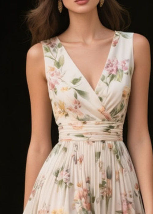 Floral Print Wrap V-Neck Sleeveless Belted Pleated Midi Dress