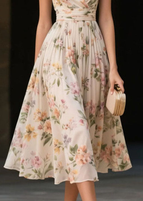 Floral Print Wrap V-Neck Sleeveless Belted Pleated Midi Dress