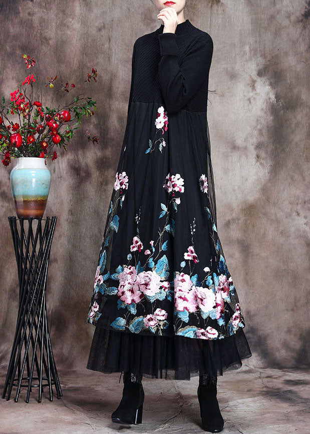 Knit Mock Neck Long Sleeve Floral Embroidered Mesh Overlay Midi Dress