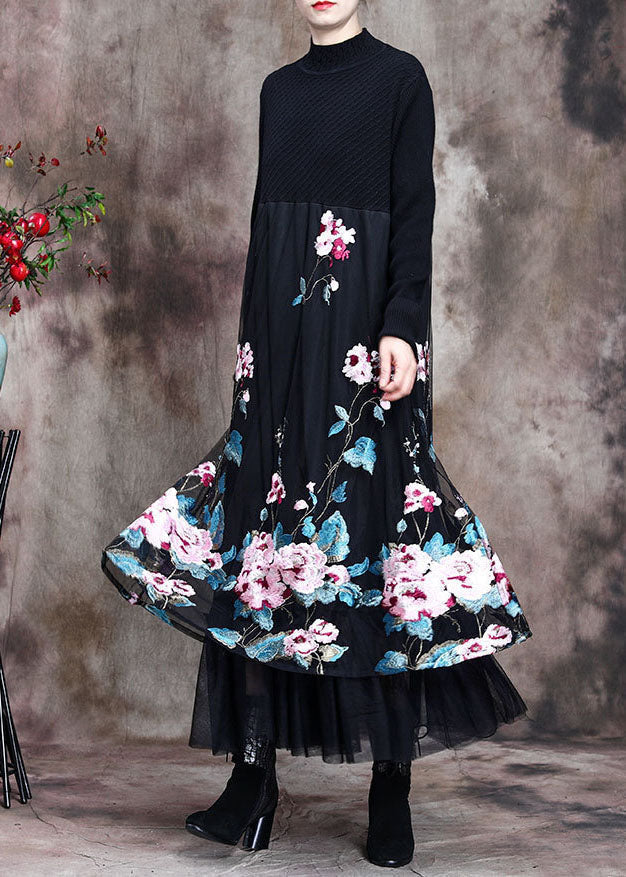 Knit Mock Neck Long Sleeve Floral Embroidered Mesh Overlay Midi Dress